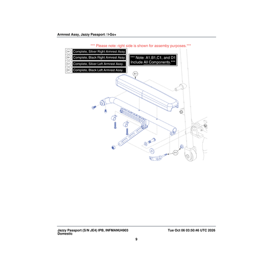 Pride Mobility MEC1705304 armrest assembly. left pac-clr-01 parts diagram