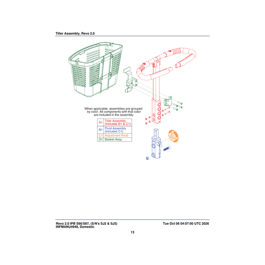 Pride Mobility MEC1705499 pivot tiller assembly upper/lower parts diagram