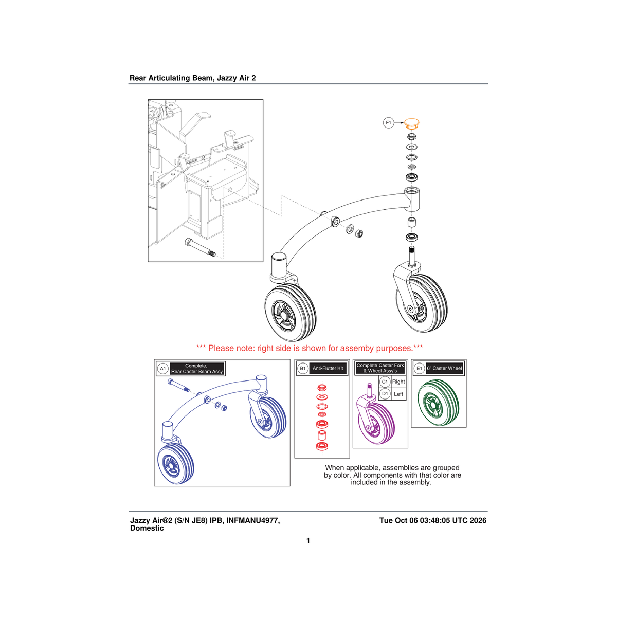 Pride Mobility MEC1706032 caster assembly 6 inch single-sided fork left parts diagram