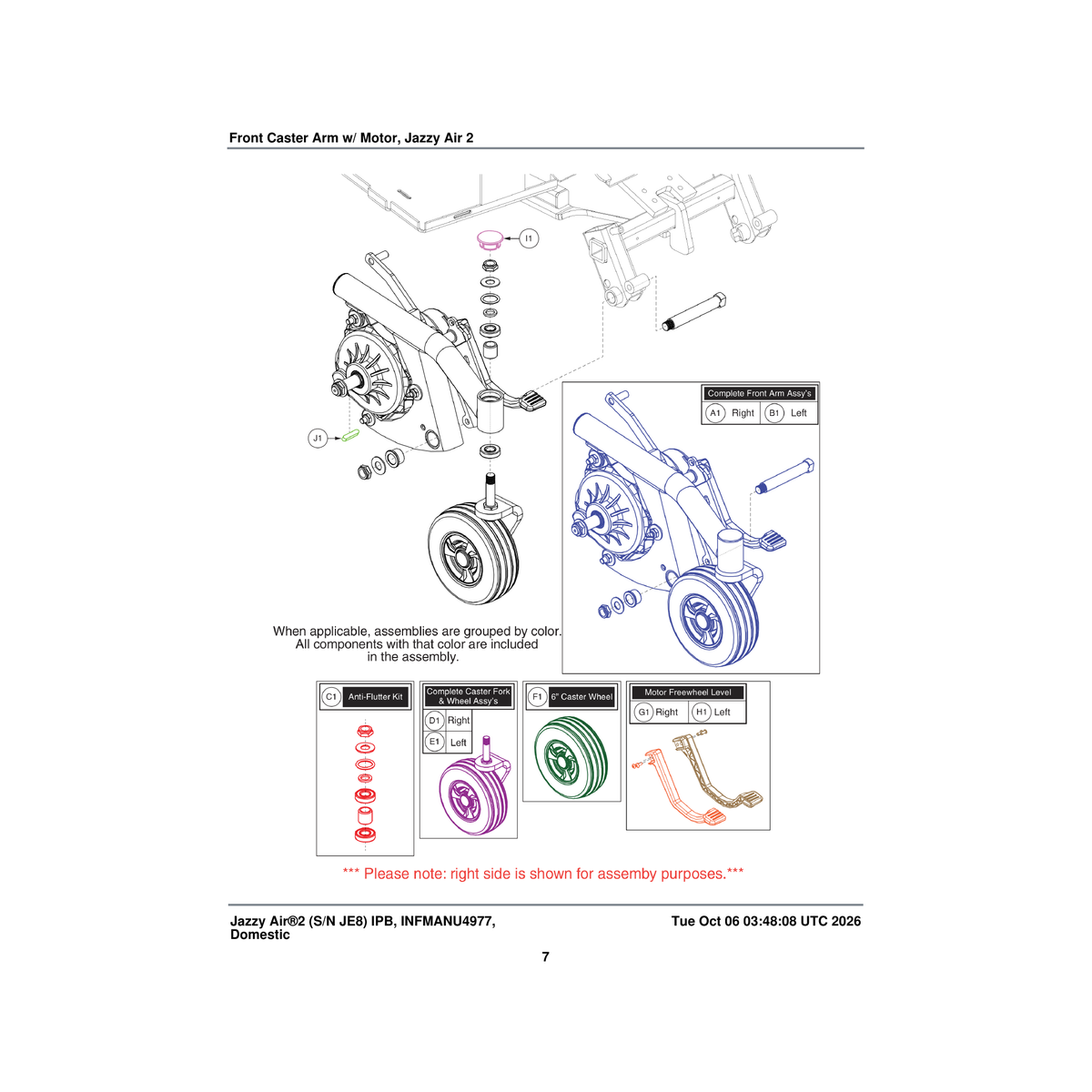 Pride Mobility MEC1706671 front arm with caster & motors frame assembly right jazzy air 2.0 parts diagram