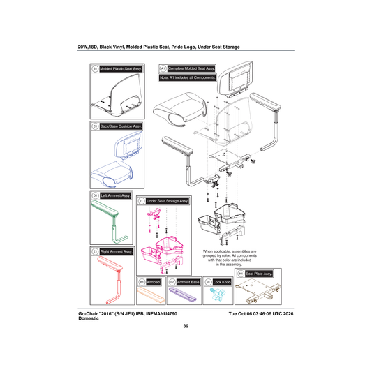 Pride Mobility MEC1712829 underseat storage assembly 20 inch x 18 inch seat parts diagram