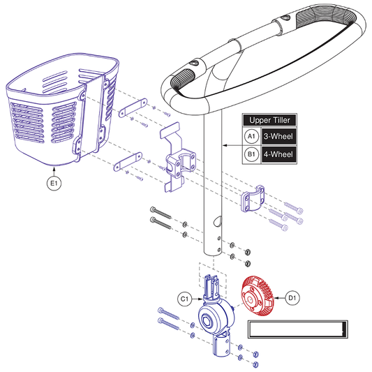 Pride Mobility (MEC1801250), standard delta tiller assembly for 3-wheel Go-Go Elite Traveller scooters.