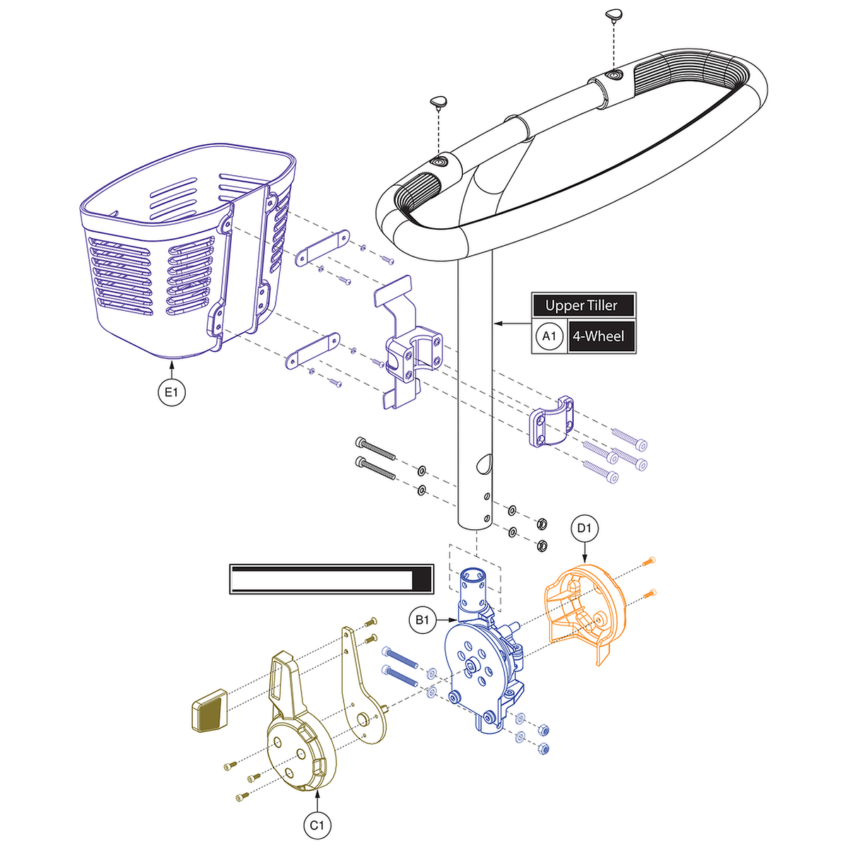 Pride Mobility (MEC1801626), standard delta tiller assembly for 4-wheel Go-Go Elite Traveller scooters.