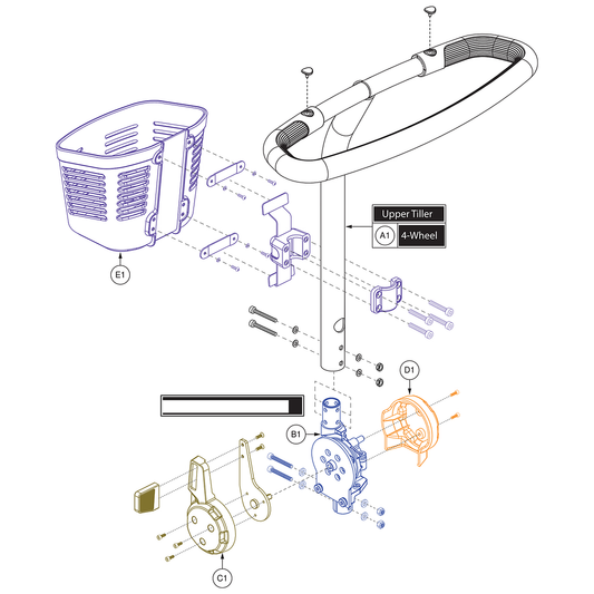 Pride Mobility (MEC1801626), standard delta tiller assembly for 4-wheel Go-Go Elite Traveller scooters.