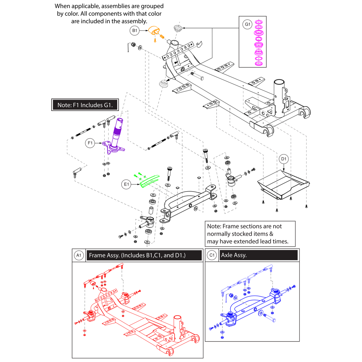 Pride Mobility MEC1805853 front frame assembly 4-wheel parts diagram