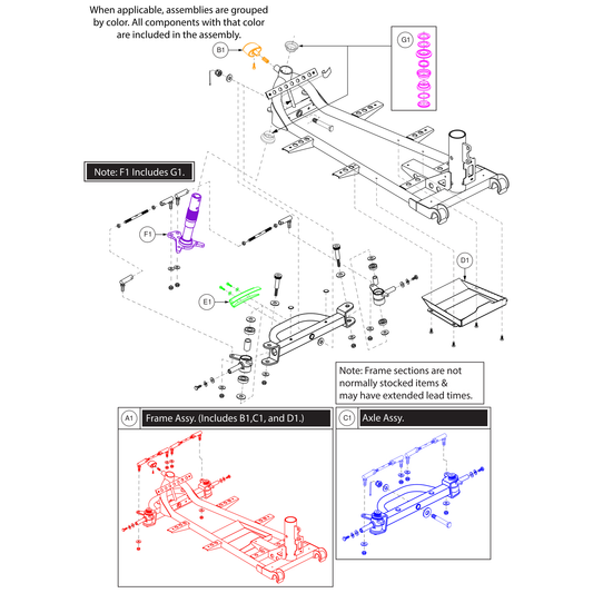 Pride Mobility MEC1805853 front frame assembly 4-wheel parts diagram