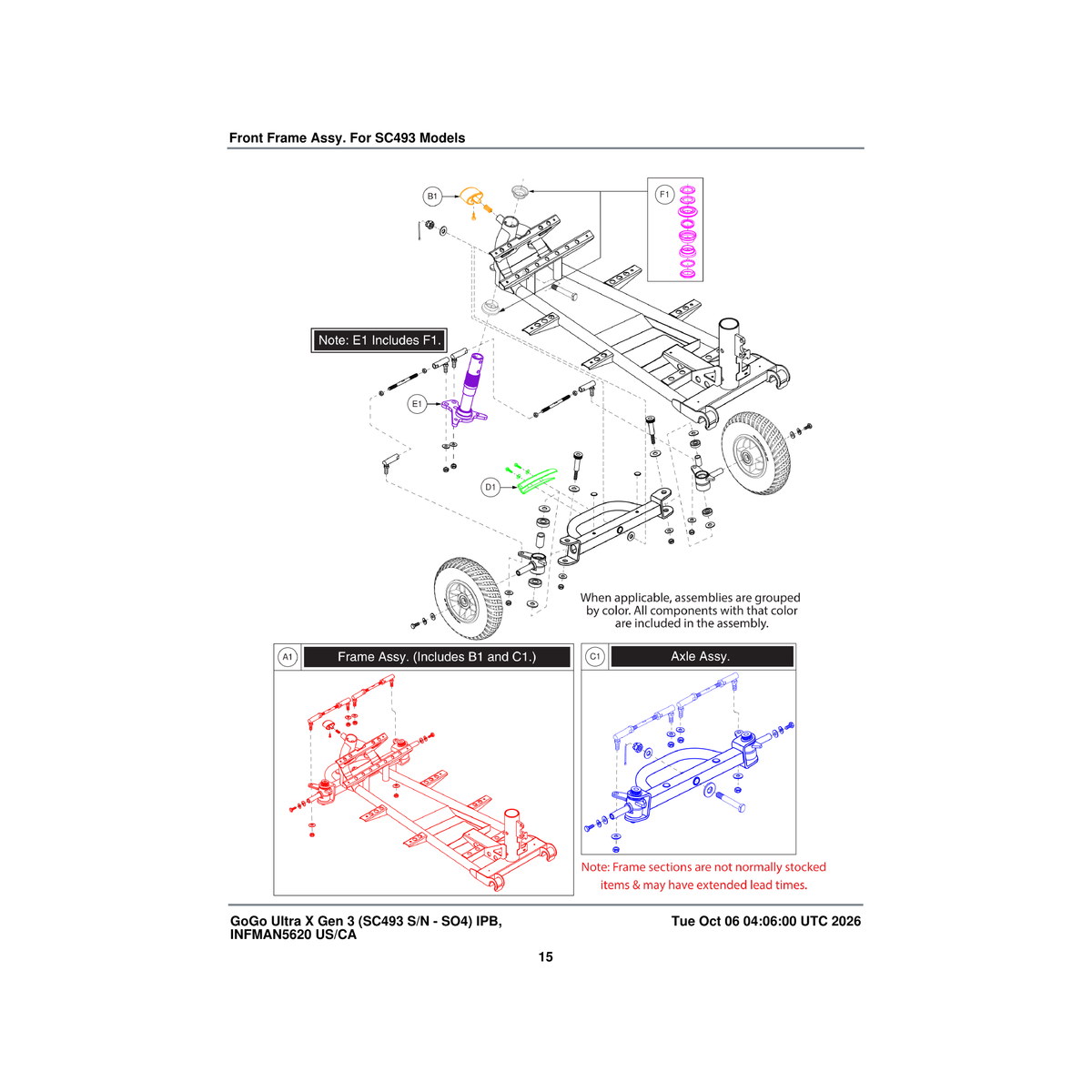 Pride Mobility MEC1805957 front axle assembly 4 wheel parts diagram
