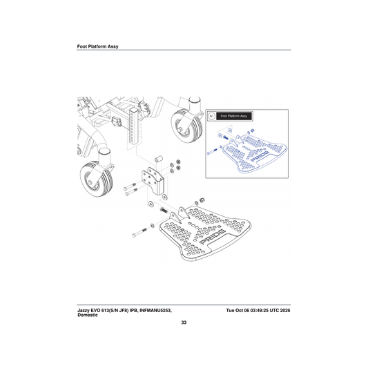 Pride Mobility MEC1806647 foot platform assembly with mounting bracket and hardware parts diagram