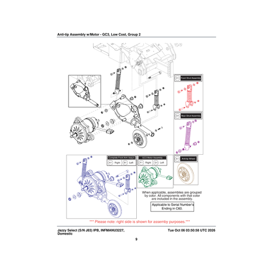 Pride Mobility MEC1807723 right anti-tip assembly with motors gc3 connector jazzy select parts diagram