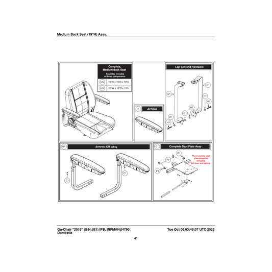 Pride Mobility MEC2007138 go-chair seat frame with hardware assembly parts diagram