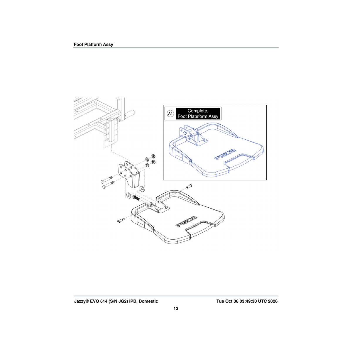 Pride Mobility MEC2007840 foot platform assembly with mounting bracket and hardware parts diagram