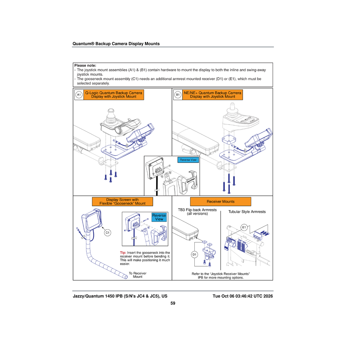Pride Mobility MEC2106132 quantum backup camera display mount assembly ne/ne+ parts diagram