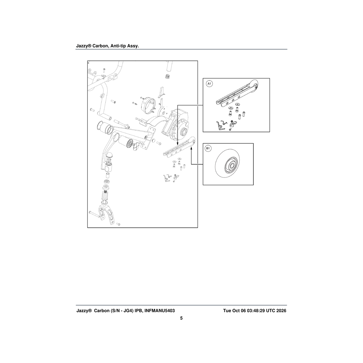 Pride Mobility MEC2200189 anti tip arm with wheel jazzy carbon (innuovo:5515-pa-008) parts diagram