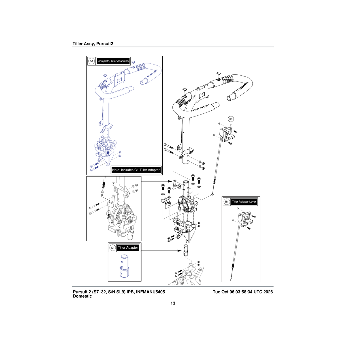 Pride Mobility MEC2206253 delta tiller assembly complete mech lock hand brake ready parts diagram