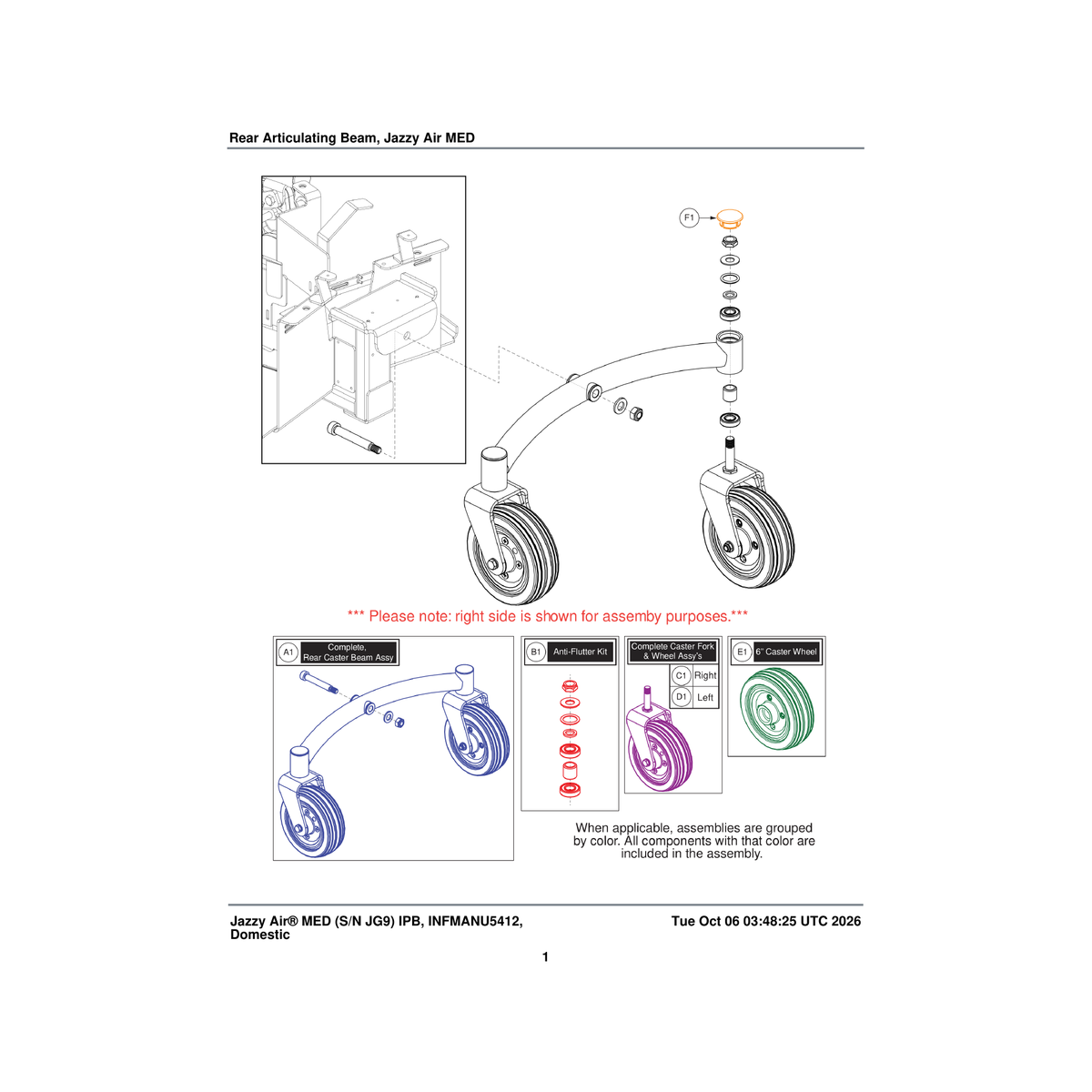 Pride Mobility MEC2302308 caster beam assembly 6-inch jazzy air med parts diagram