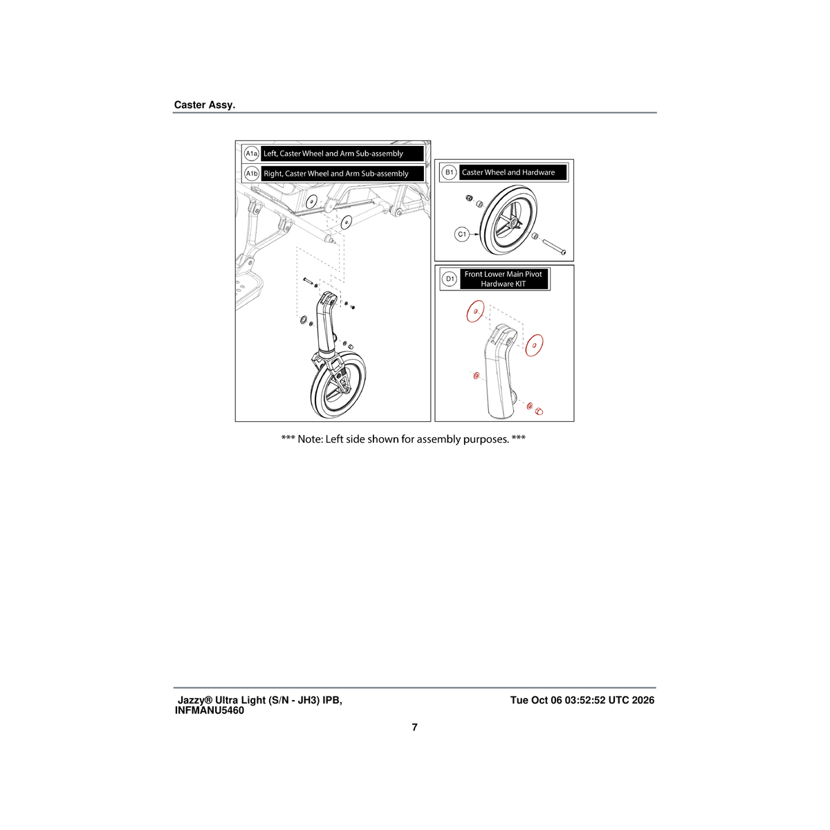 Pride Mobility MEC2400361 caster wheel and axle hardware assembly parts diagram