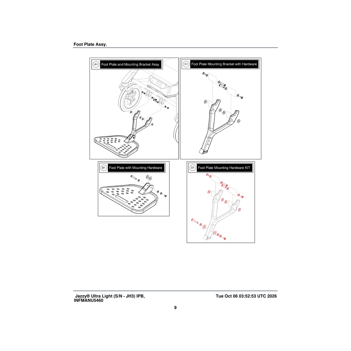 Pride Mobility MEC2400380 foot plate and mounting bracket assembly parts diagram