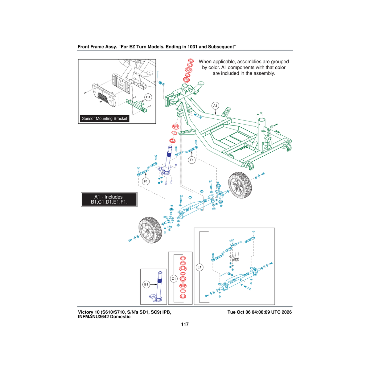 Pride Mobility MEC2403460 front axle assembly 4 wheel victory ez turn parts diagram