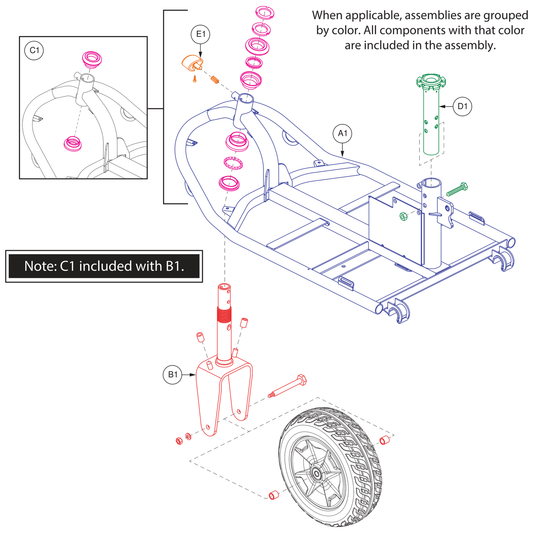Pride Mobility MEC2500928 front fork assembly 3-wheel parts diagram