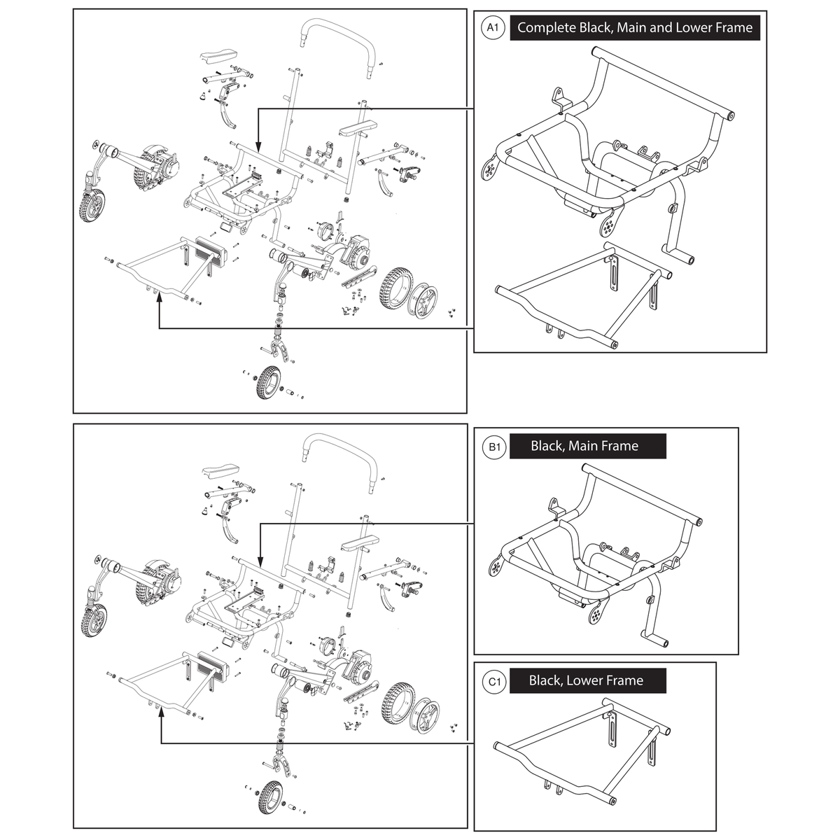 Pride Mobility MEC2502250 lower frame black parts diagram