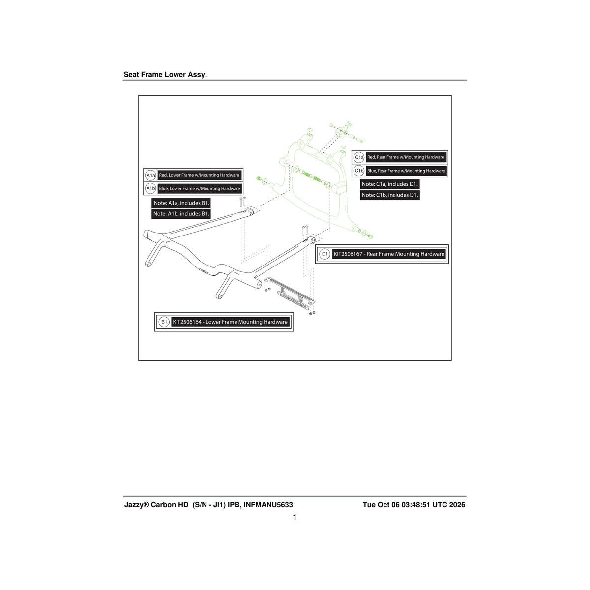 Pride Mobility MEC2506223 lower frame with mounting hardware blue (innuovo: l0100817) parts diagram