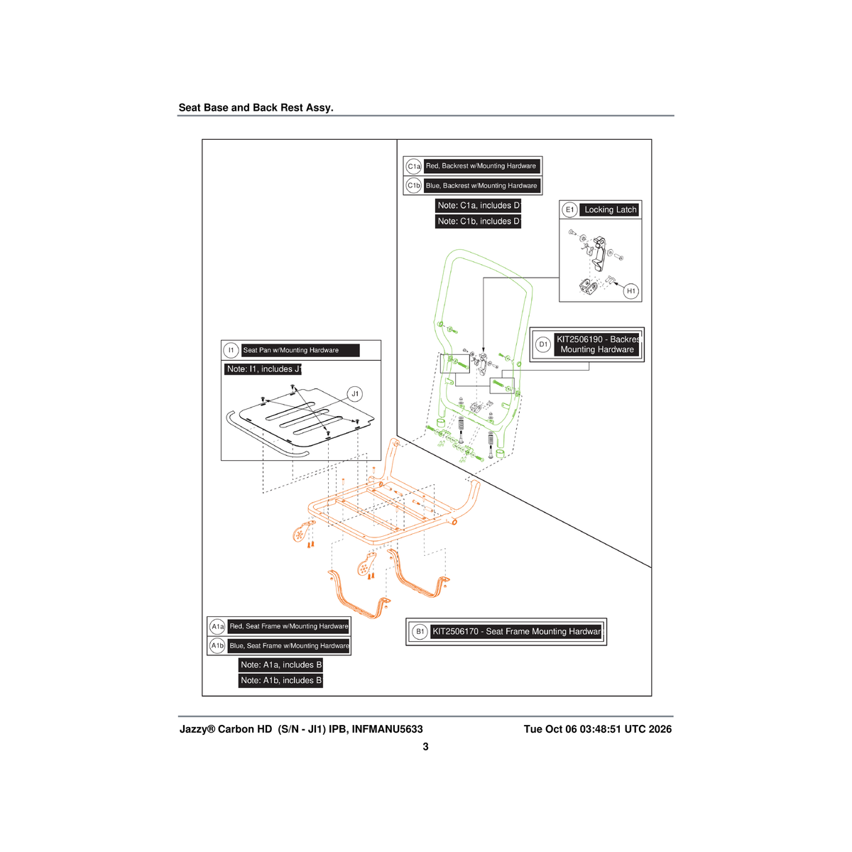 Pride Mobility MEC2506227 seat base frame with mounting hardware blue (innuovo: l0100828) parts diagram