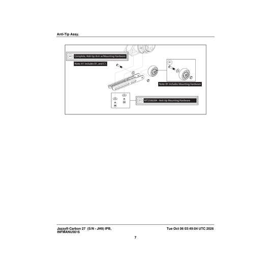 Pride Mobility MEC2506308 anti tip armw/wheel and mounting hardware (innuovo: l0100868) parts diagram