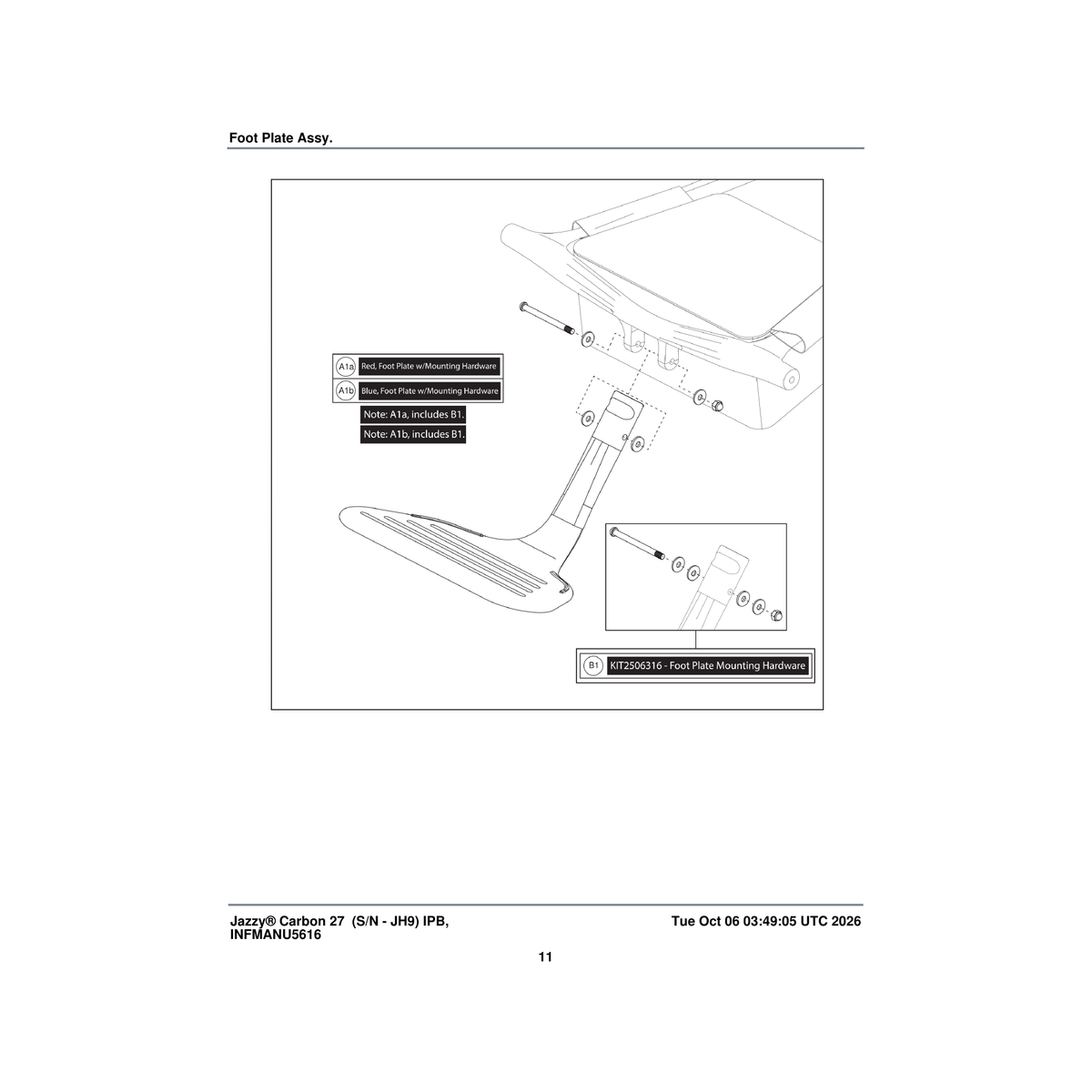 Pride Mobility MEC2506318 footrest platform with mounting hardware blue (innuovo: l0100604) parts diagram