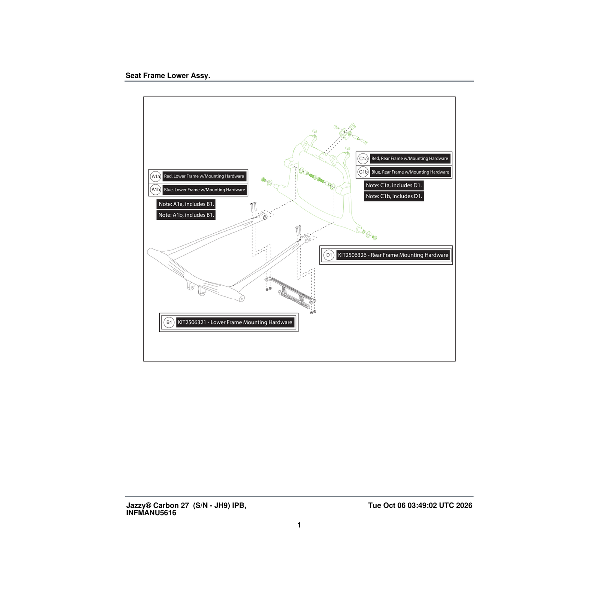 Pride Mobility MEC2506323 lower frame with mounting hardware blue (innuovo: l0100605) parts diagram