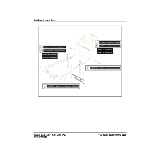 Pride Mobility MEC2506327 lower rear frame with mounting hardware red (innuovo: l0100792) parts diagram