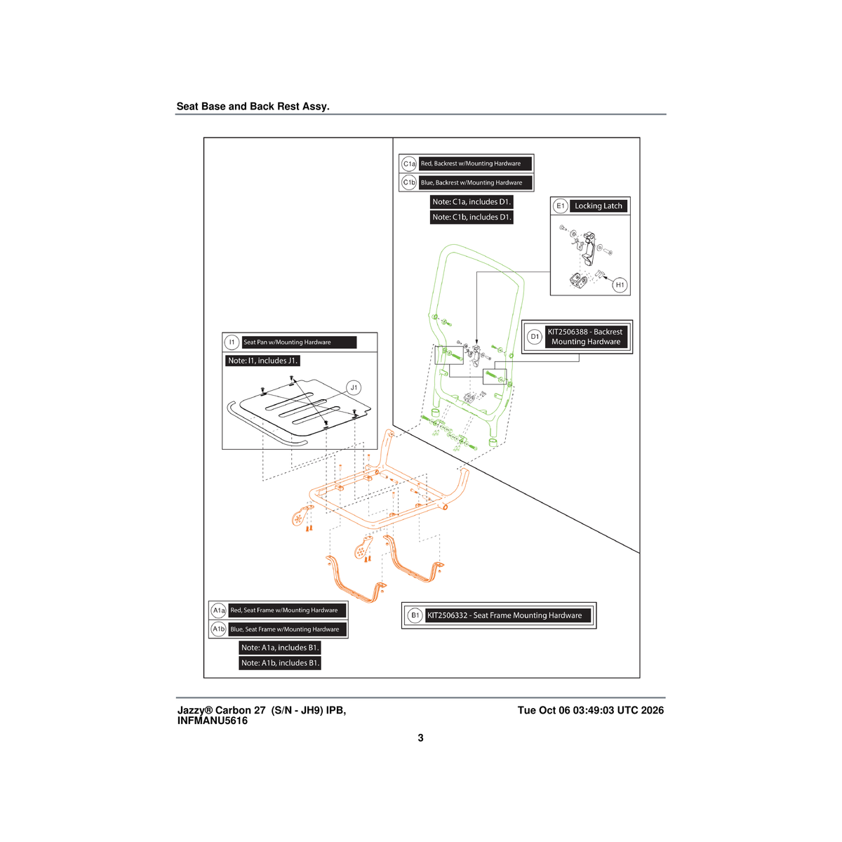 Pride Mobility MEC2506389 backrest with mounting hardware red (innuovo: l0100790) parts diagram