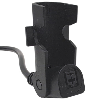 front closeup of the female 2-pin connector/port. The one with the clamp.