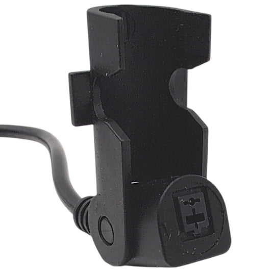 front closeup of the female 2-pin connector/port. The one with the clamp.