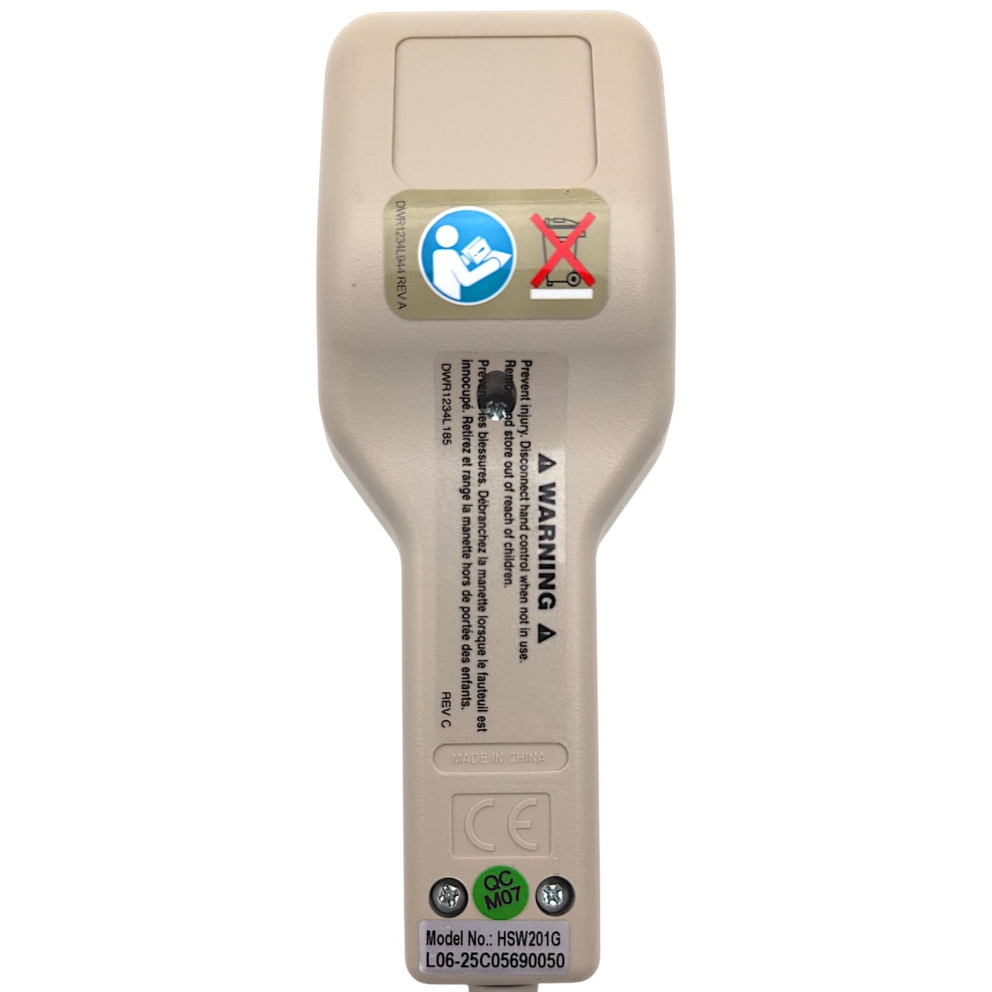 back of remote hand control. Shows product label, Model Number: HSW201G