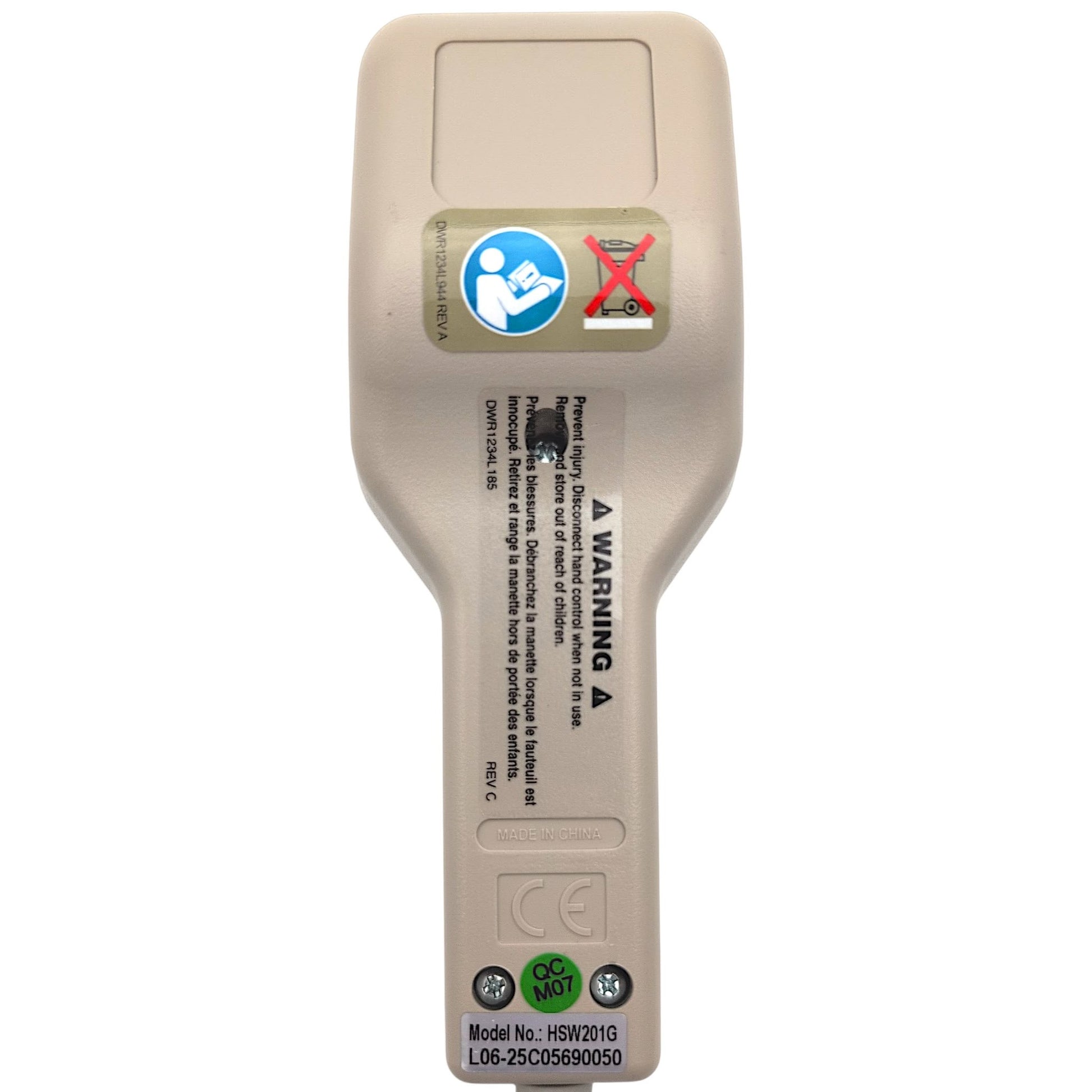back of remote hand control. Shows product label, Model Number: HSW201G