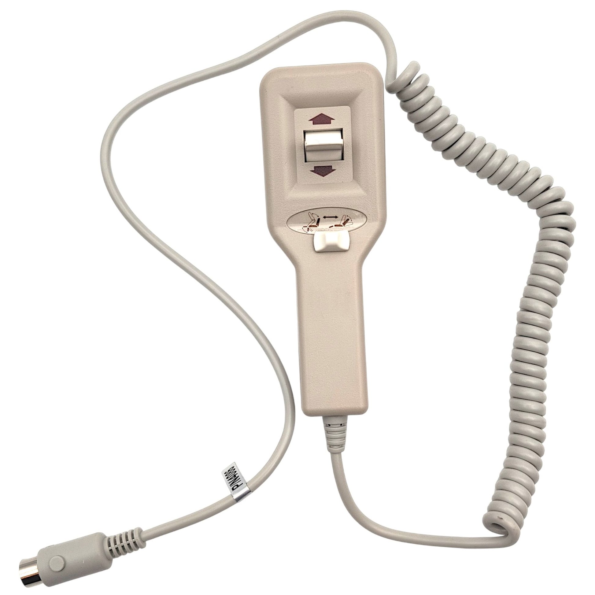 front of remote hand control with cord un-wound to show its length and 5-pin connector (all 5 pins in view)