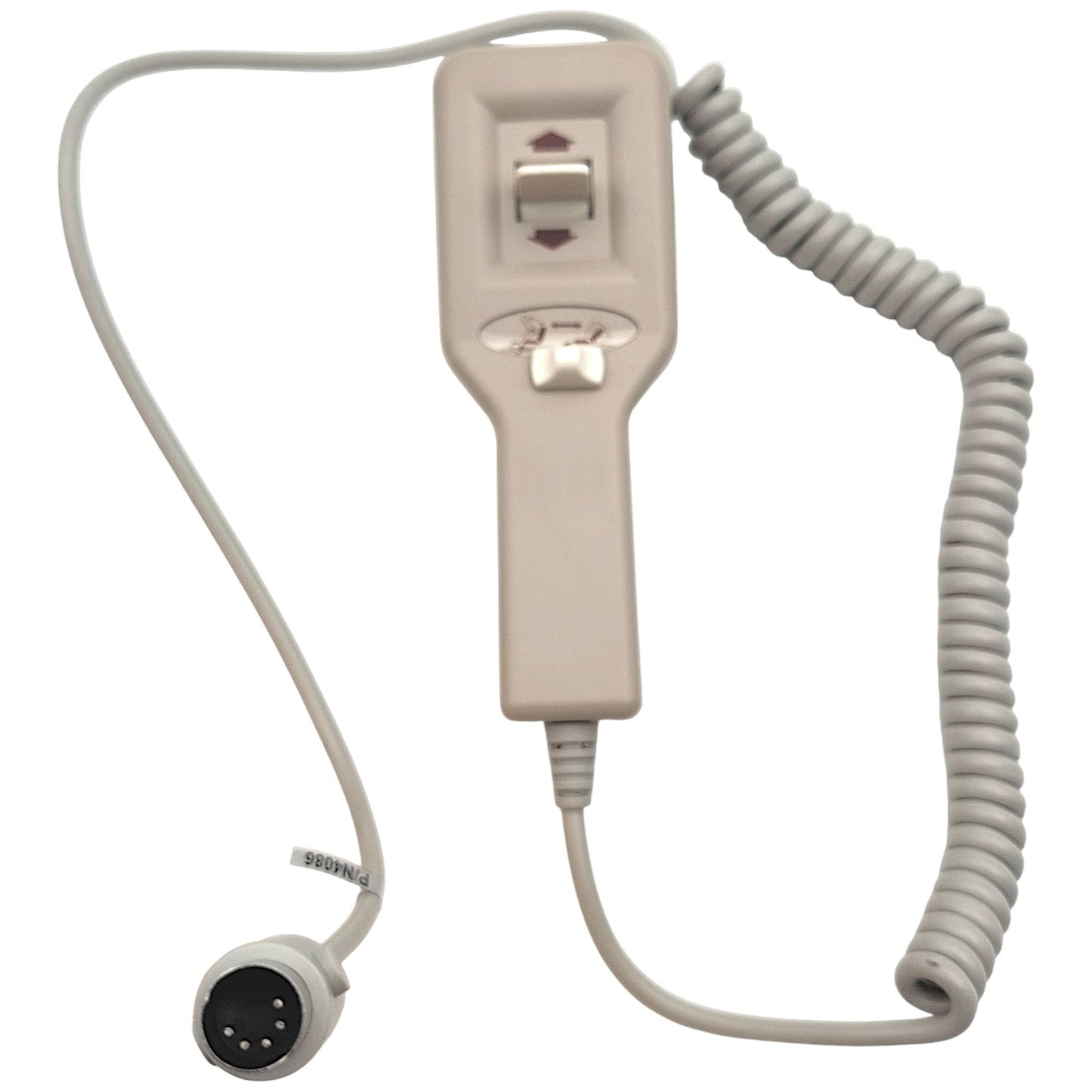 front of remote hand control with cord un-wound to show its length and 5-pin connector (all 5 pins in view)