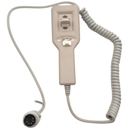 front of remote hand control with cord un-wound to show its length and 5-pin connector (all 5 pins in view)