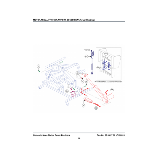 Pride Mobility MOT1701620 actuator power headrest single lead reversed polarity (okin) parts diagram