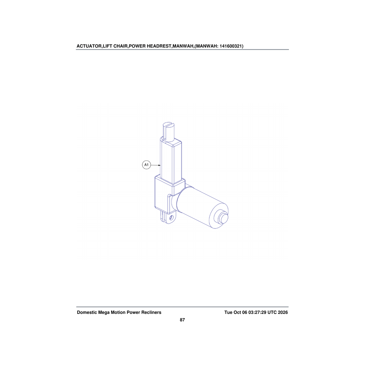 Pride Mobility MOT1709262 actuator lift chair power headrest manwah parts diagram