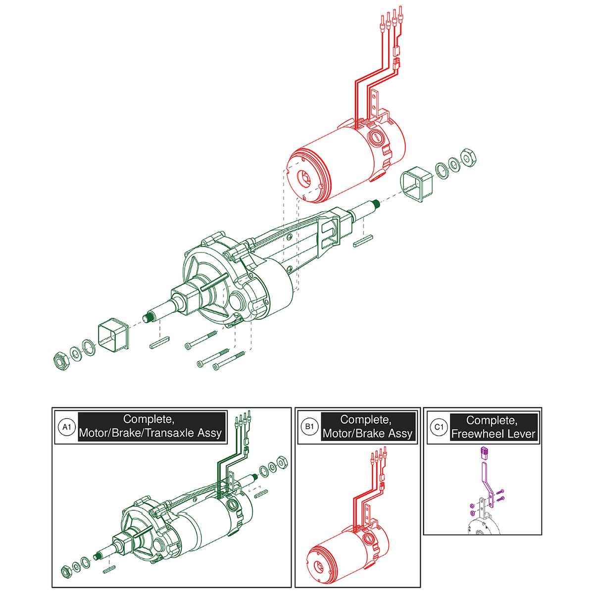 Pride Mobility (MOT1808404), Pride parts diagram of the Feishen T2 transaxle with Yongxu brake showing the Feishen T2 motor with mounting hardware, item A1.