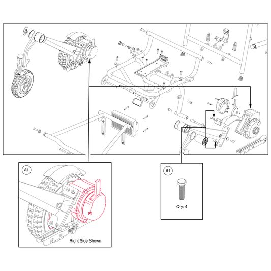 Pride Mobility MOT2502254 motor set left and right with hardware orange freewheel parts diagram