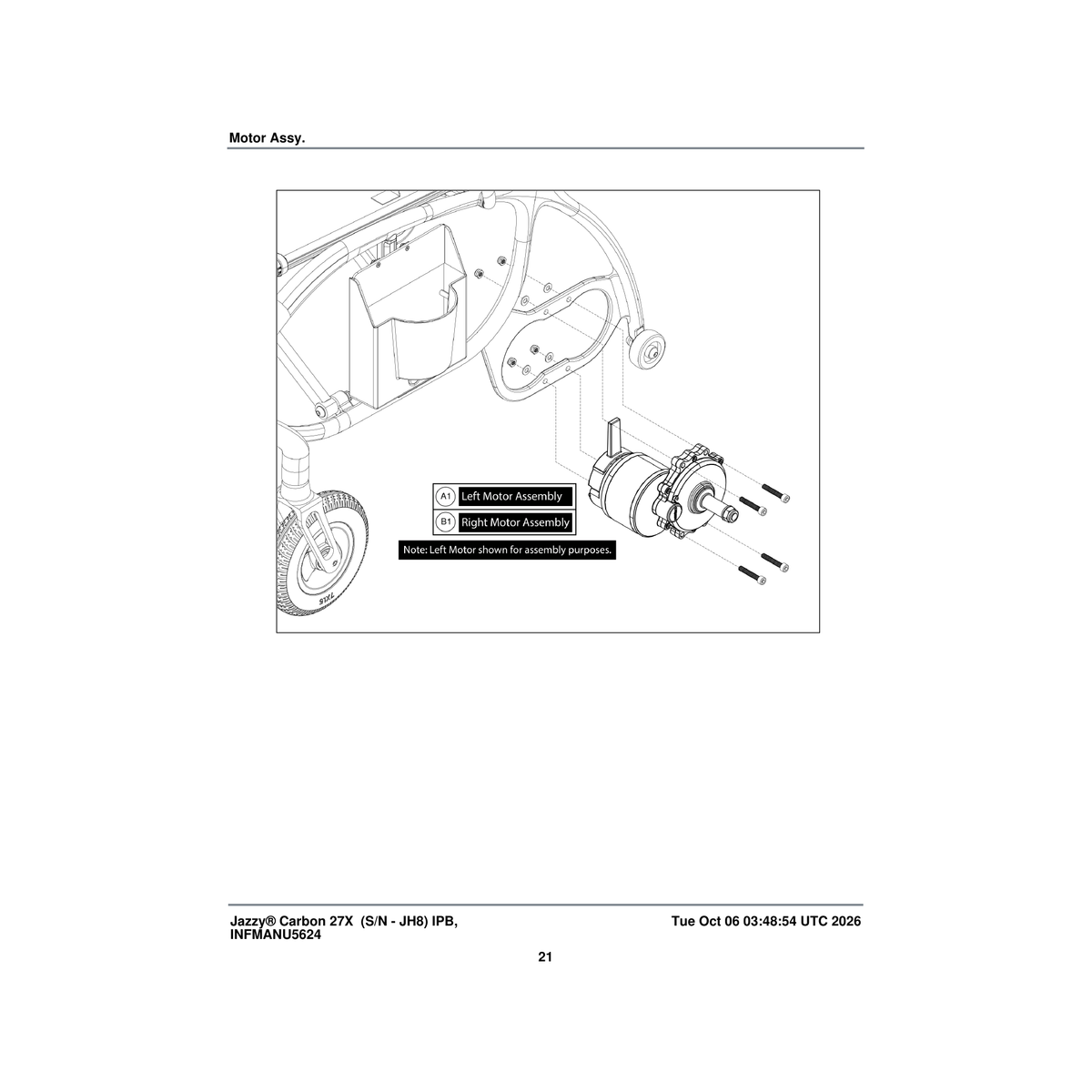 Pride Mobility MOT2504234 motor assembly left (hp202-zp07) parts diagram