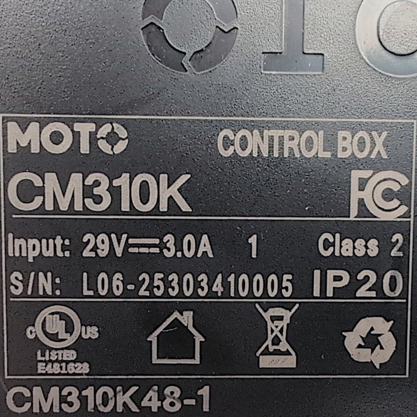 product label showing specifications and model number: CM310K48-1