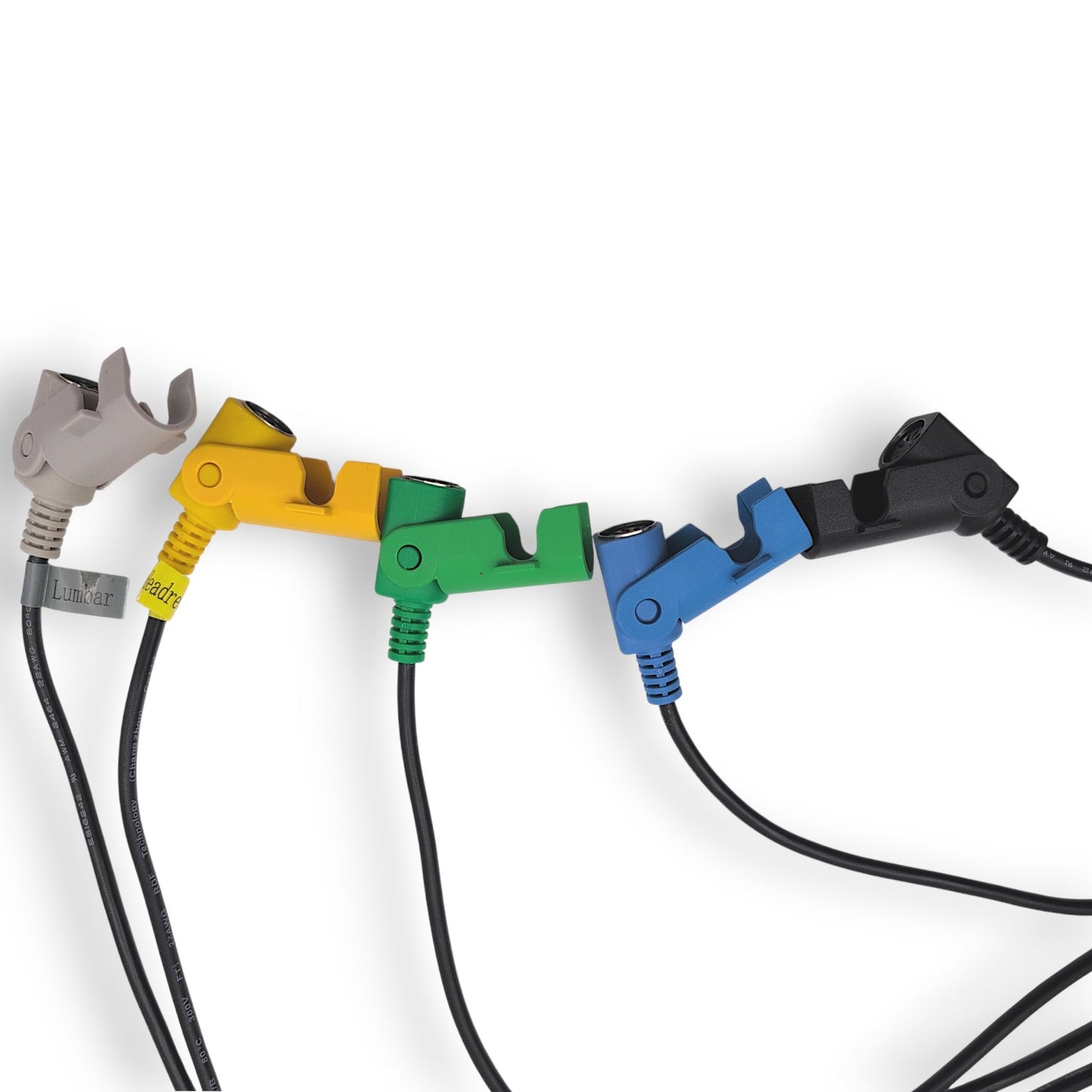 side view, all five of the 5-pin female connector ports with clamps. (Black, blue, green, yellow, gray)