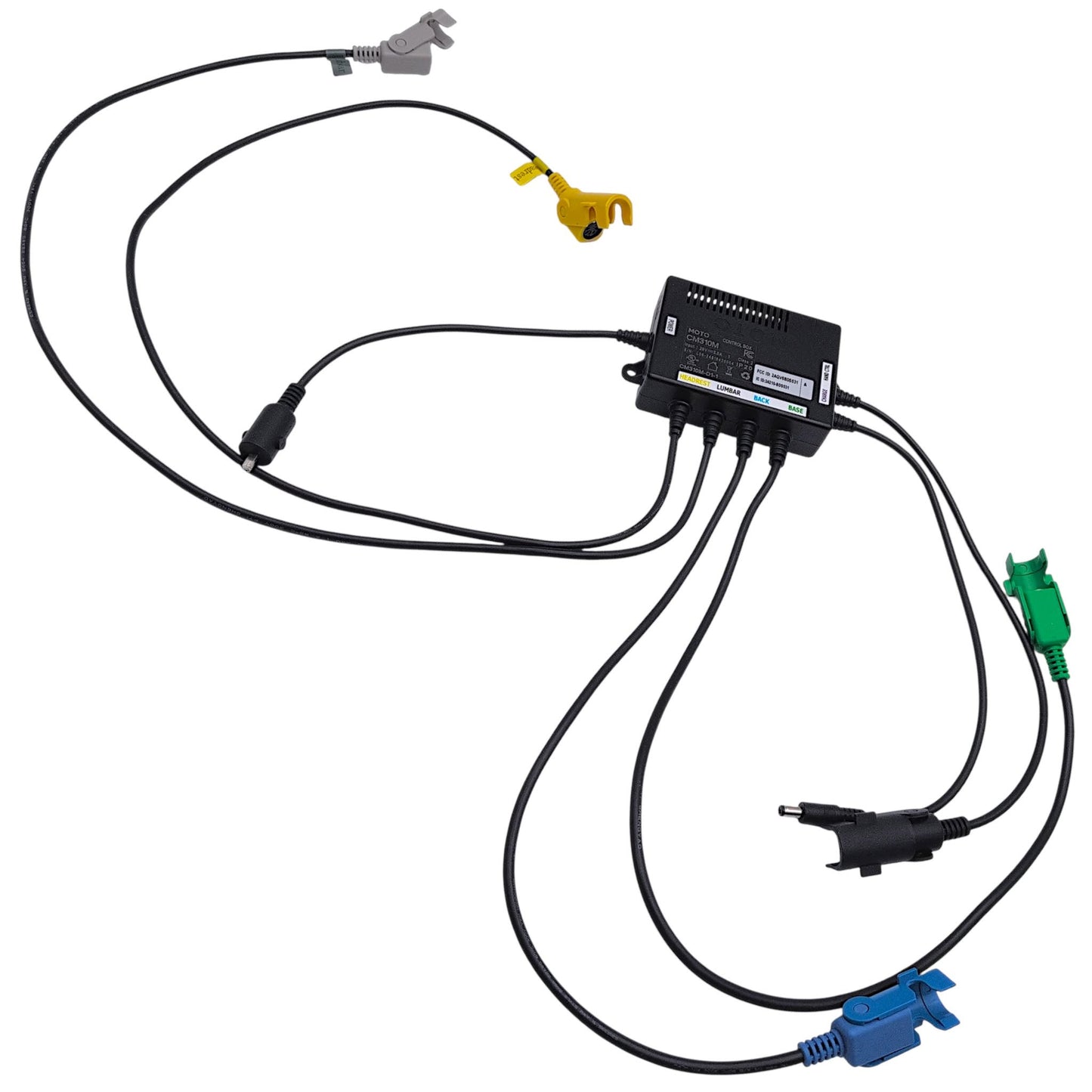 Front view of control box with cables unwound to show the length of the 7 cables 