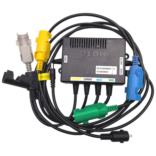 Front view of control box with cables wound up. 7 cables labeled as power, headrest, lumbar, back, base, charge, and hand ctrl.