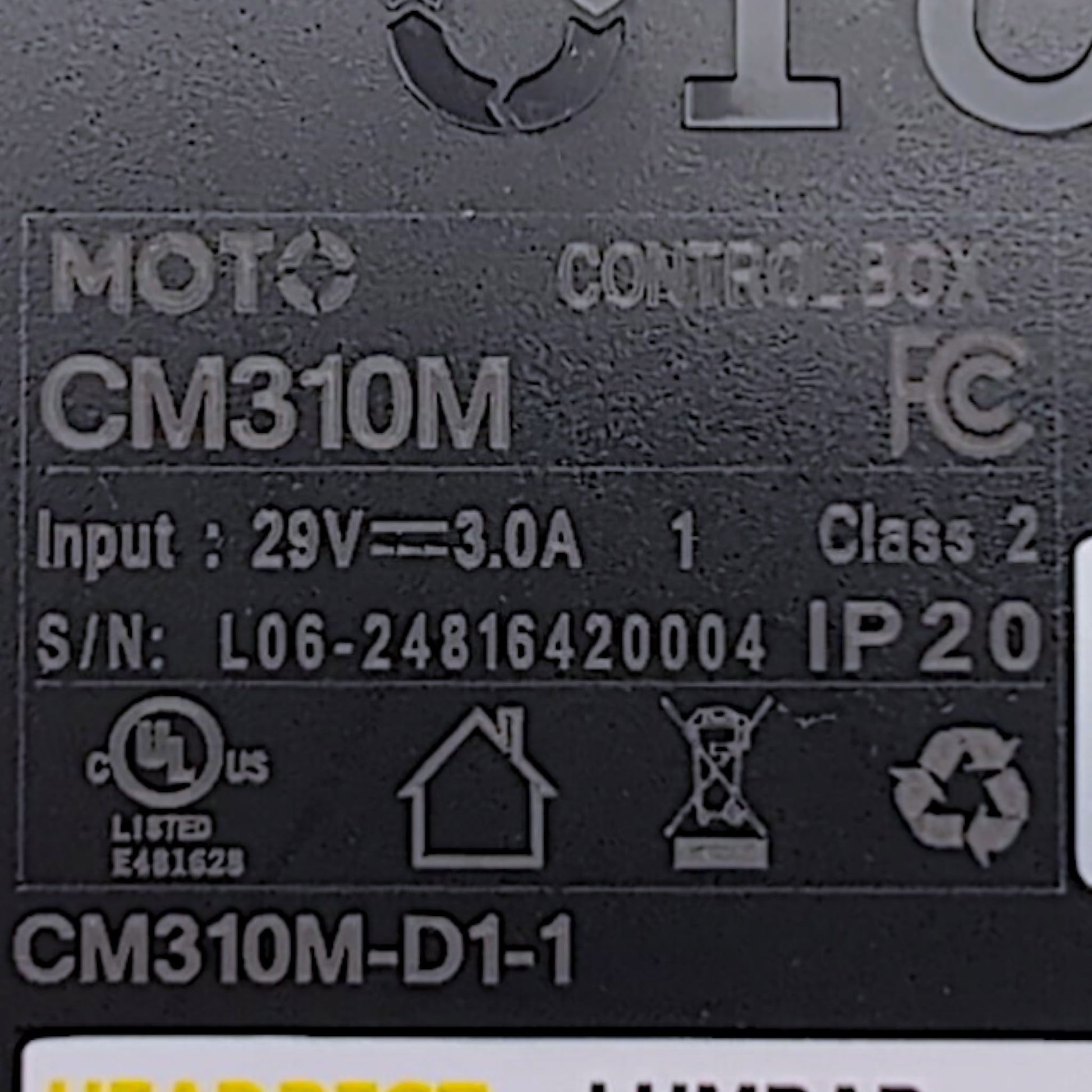 product label. stating Moto Control Box, CM310M (Base Model ID), input 29v - 3.0A, Model Number: CM310M-D1-1