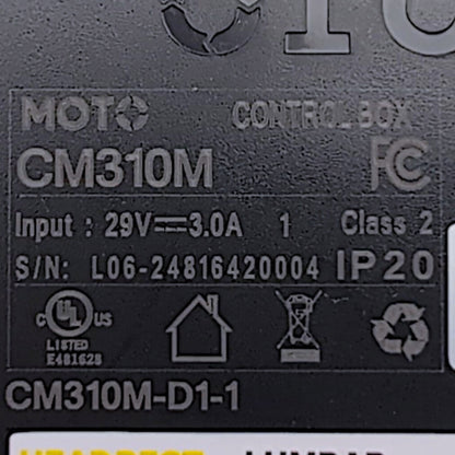 product label. stating Moto Control Box, CM310M (Base Model ID), input 29v - 3.0A, Model Number: CM310M-D1-1