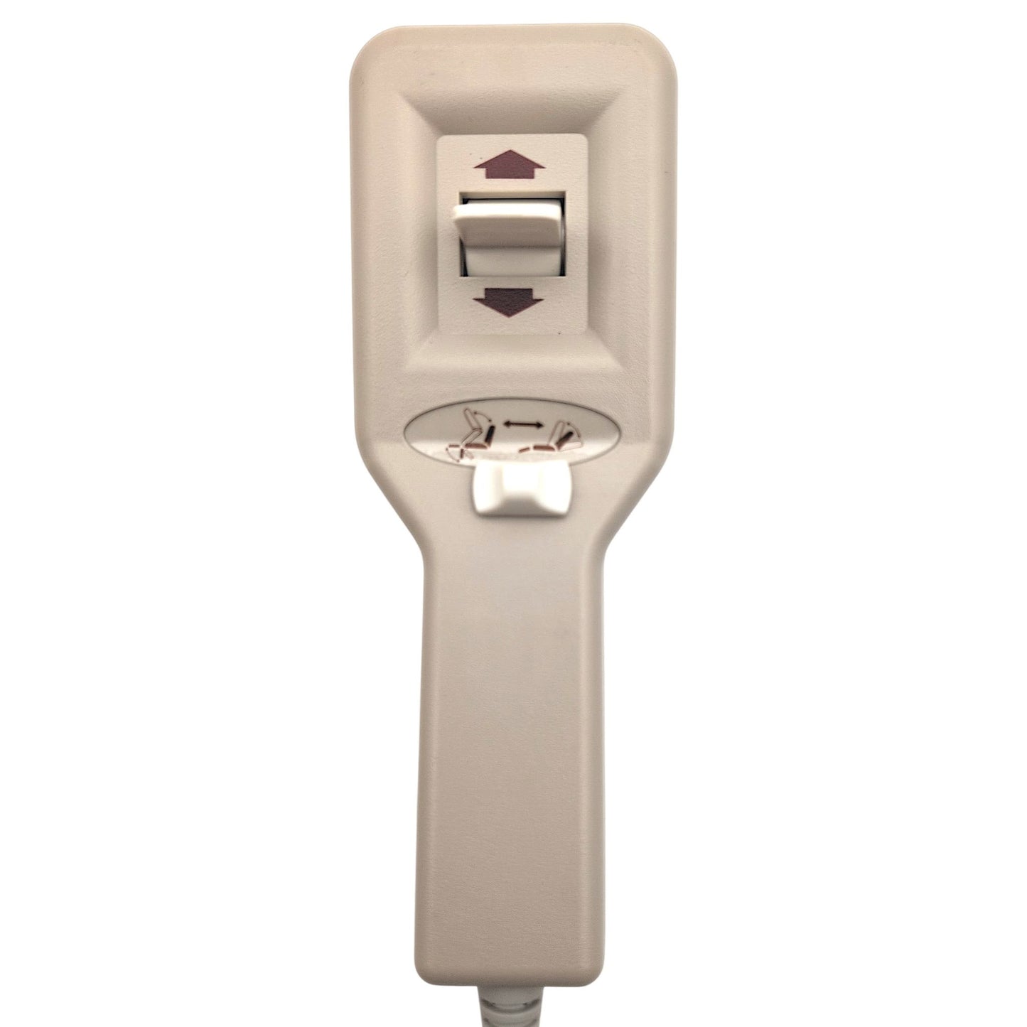 front view closeup of the remote hand control with two switches